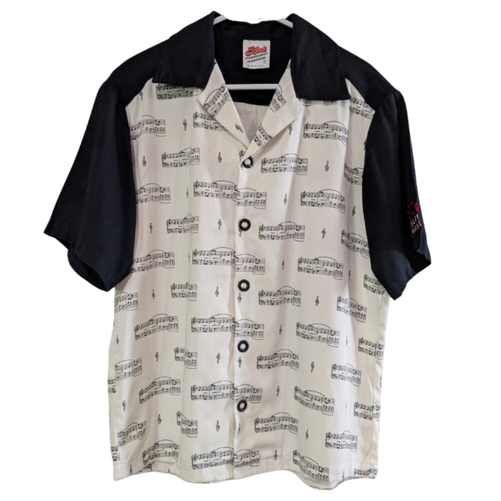 Elvis Presley's Memphis Men's Vintage Bowling Shirt, Small, Music Notes Pattern